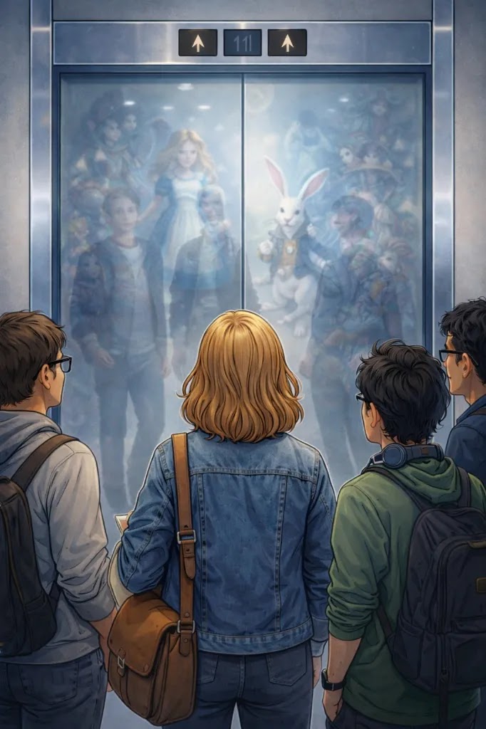 Dana and three techies face an elevator whose glass doors reveal an Alice-in-Wonderland scene