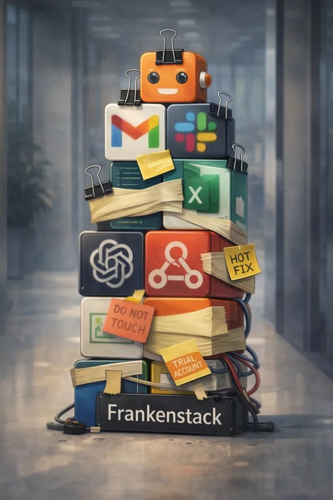 A towering Frankenstack of stitched-together apps and tools held by binder clips