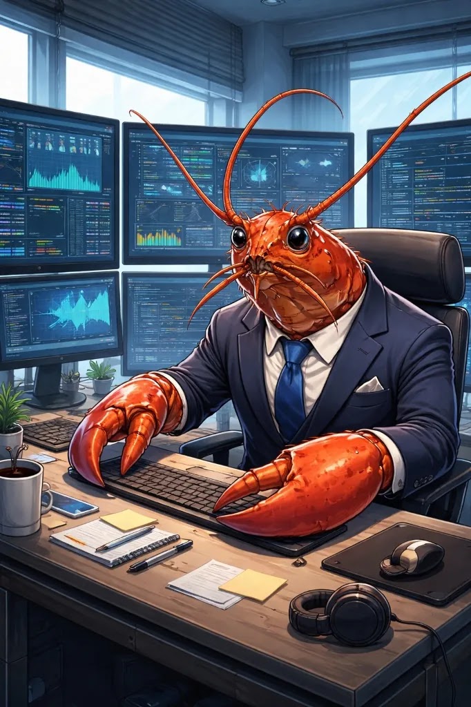 A lobster in a business suit sits at a desk surrounded by monitors