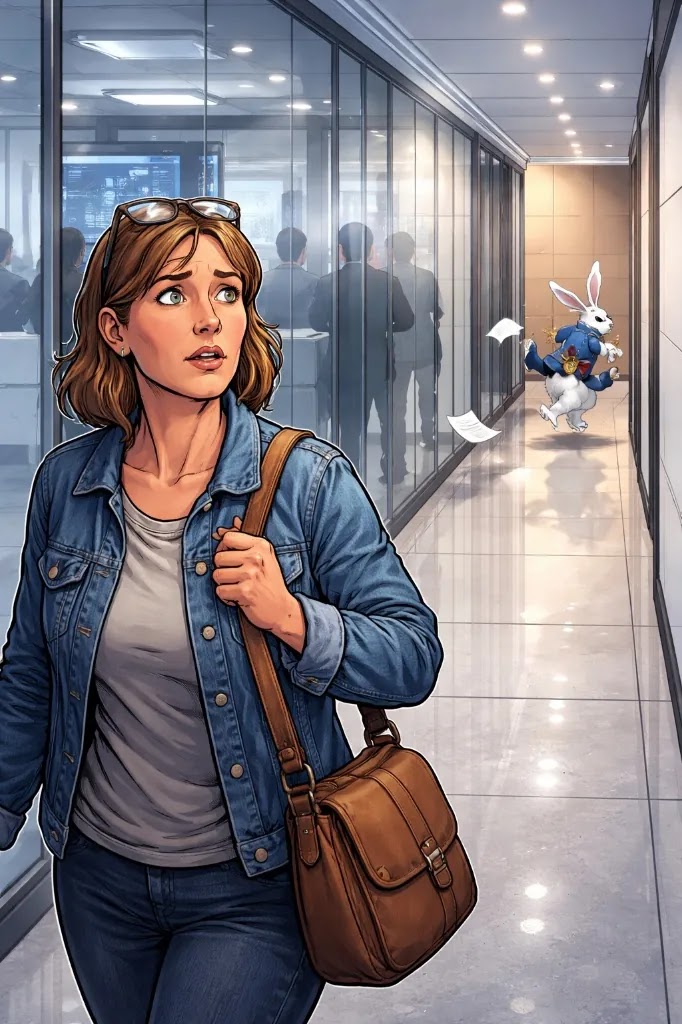 Dana standing in a glass-walled hallway, looking bewildered, as a White Rabbit rushes past