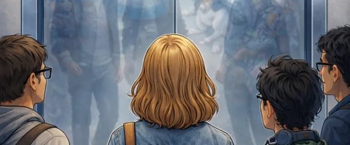 Illustration of Dana standing before an elevator full of AI wonderland characters