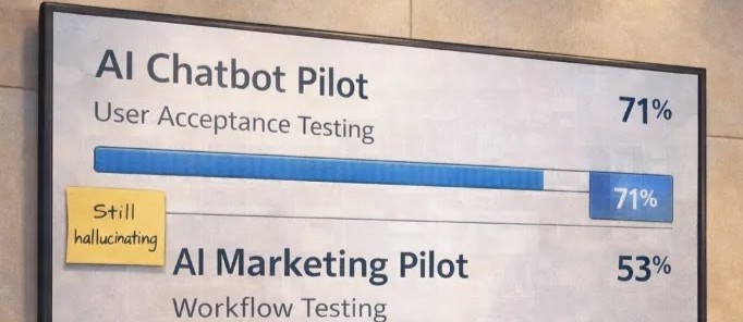 Boardroom screen showing AI pilot projects stuck at various completion percentages with sticky-note objections